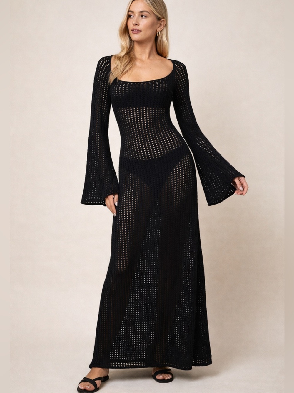 VRG GRL Verge Black Crochet Maxi Dress US4 Bell Sleeve Open Knit Boho Witchy NWT